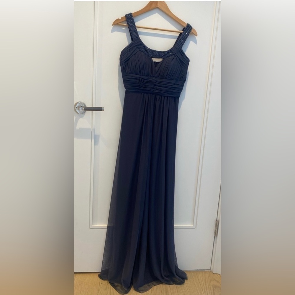 Cachet Slate Blue Chiffon Goddess Gown Beaded Neckline Sz 4